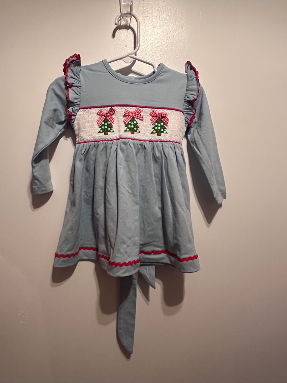 NWT Lil Cactus Christmas Smocked Knit Dress Light Blue Tree 3-6M Holiday